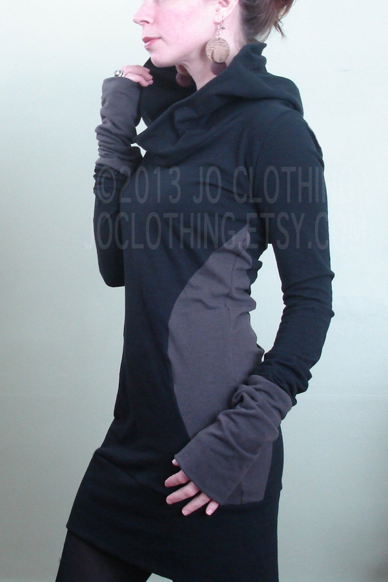 extra long sleeved hooded tunic dress Black/Cement color block sides image 4