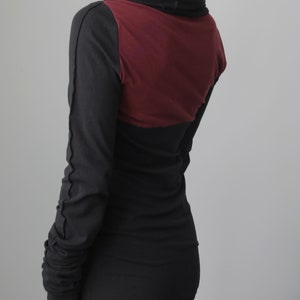 Turtleneck cowl tunic dress with extra long sleeves/Black with Burgundy image 4