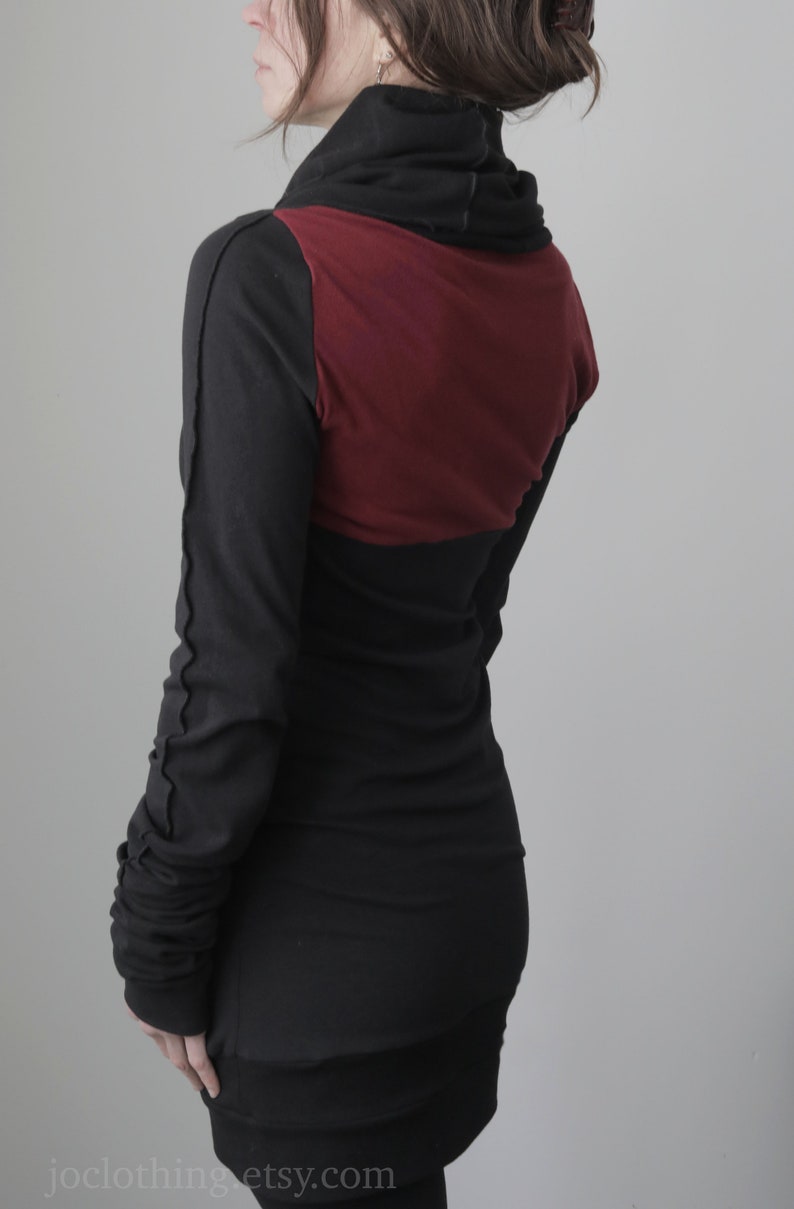 Turtleneck cowl tunic dress with extra long sleeves/Black with Burgundy image 4