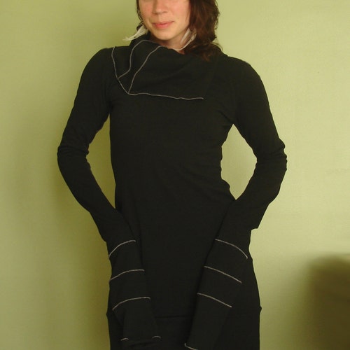 Hooded Tunic Dress Extra Long Sleeves W/thumb Holes Black and - Etsy