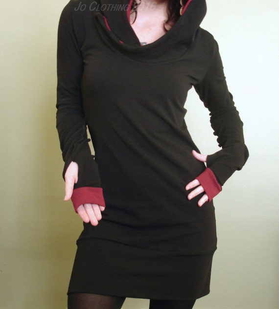 Hooded tunic dress/ extra long sleeves w/thumb holes/ Black | Etsy