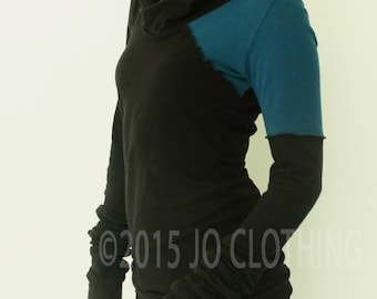 Hooded top/extra long sleeves/Black with Teal asymmetrical shoulder accents