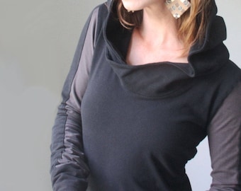 extra long sleeved hooded top/ Black with Cement Grey color block/womens hoodie