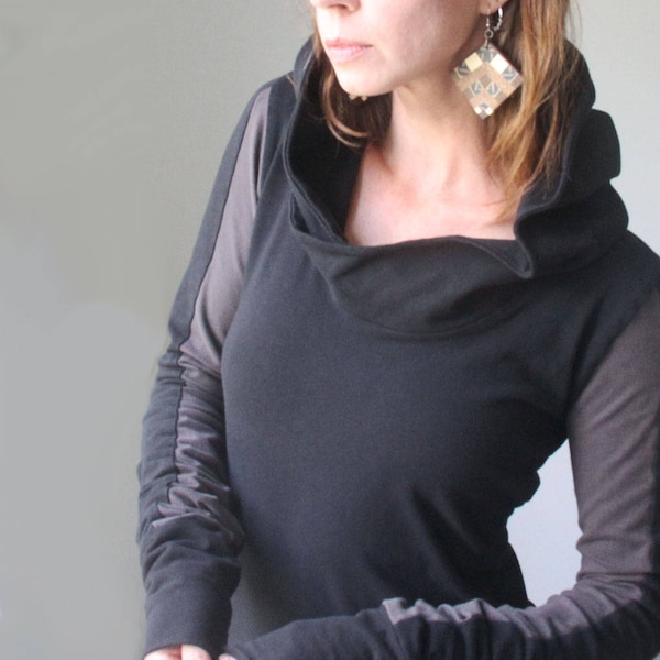 extra long sleeved hooded top/ Black with Cement Grey color block/womens hoodie