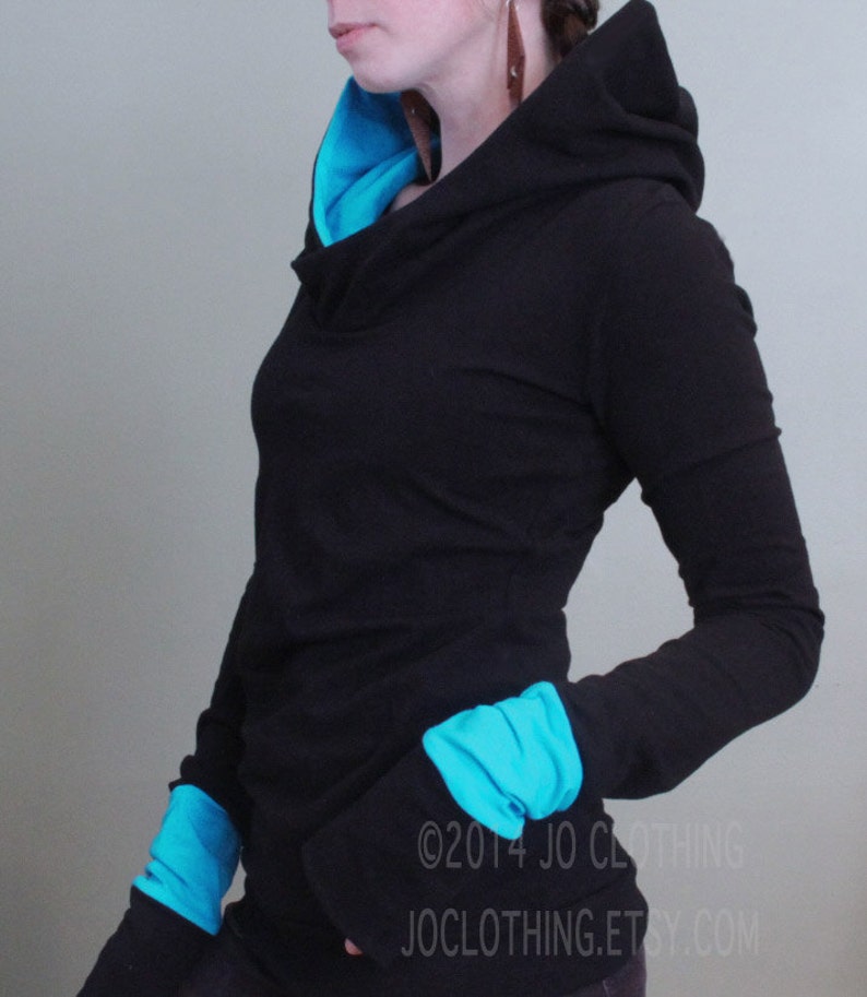 extra long sleeved hooded top Black with Light turquoise Blue image 2