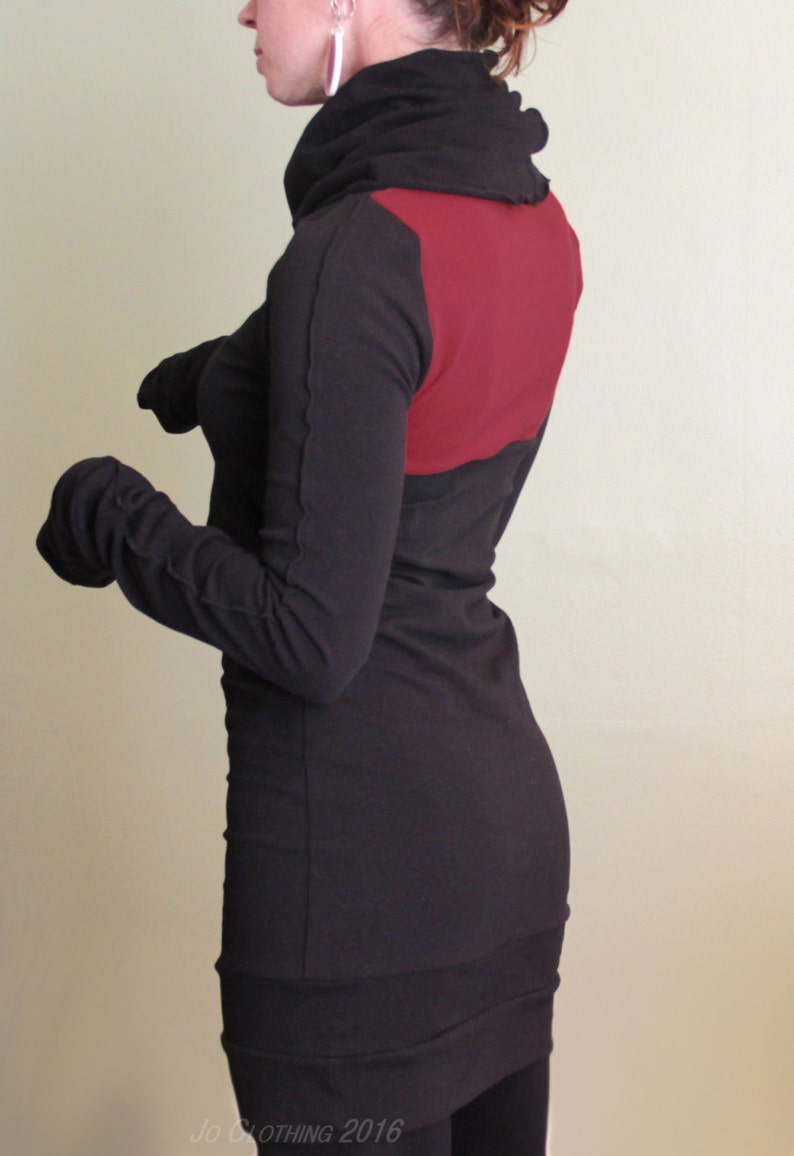 Turtleneck cowl tunic dress with extra long sleeves/Black with Burgundy image 6