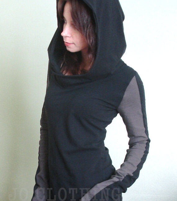 Extra Long Sleeved Hooded Top Black With Cement Grey Color Block womens Hoodie Etsy