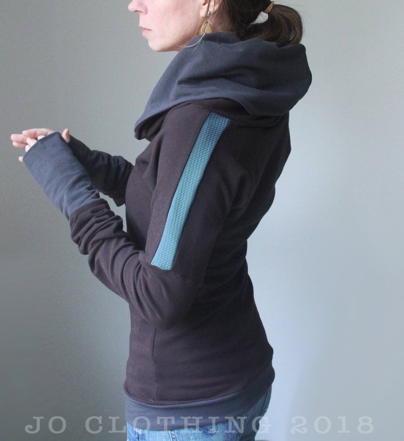 extra long sleeved hooded topDark Brown with Cement GreySmokey Teal Blue