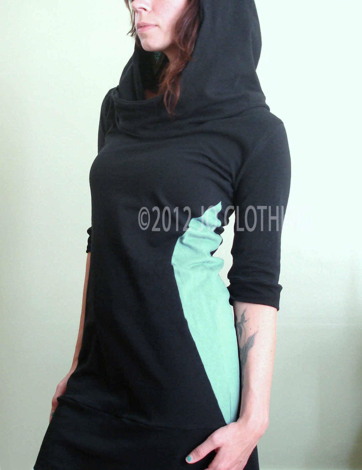 Half Sleeved Hooded Tunic Dress Black/mint Color Block Sides - Etsy