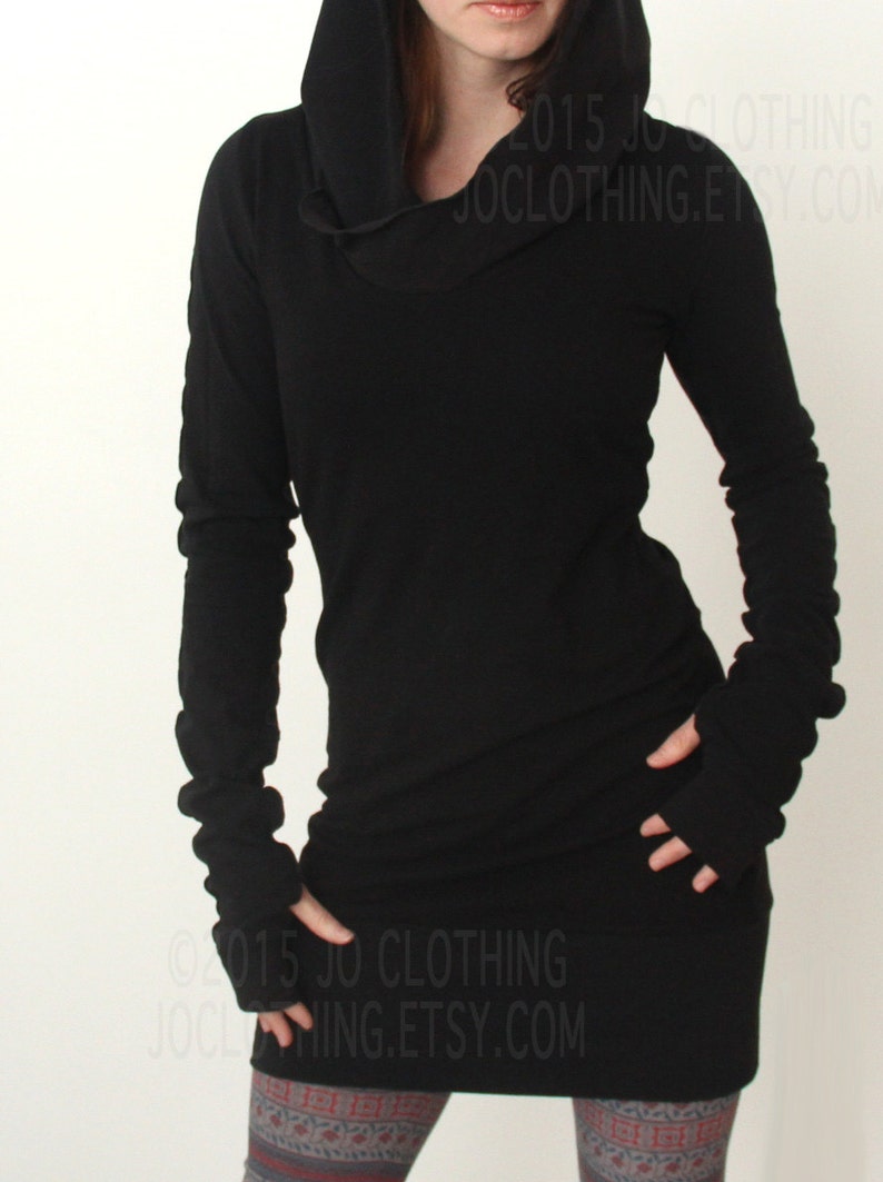 hooded tunic dress with thumb hole sleeves in BLACK/The ORIGINAL image 1
