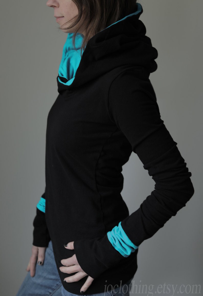 extra long sleeved hooded top Black with Light turquoise Blue image 1