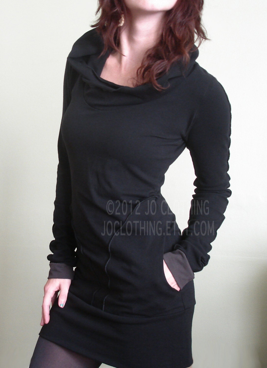 Hooded Tunic Dress With Pockets Black/cement Cuffs - Etsy UK