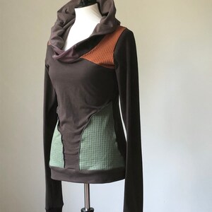 extra long sleeved hooded top or tunic dress with pockets/brown with rust orange, olive green, and dusty purple