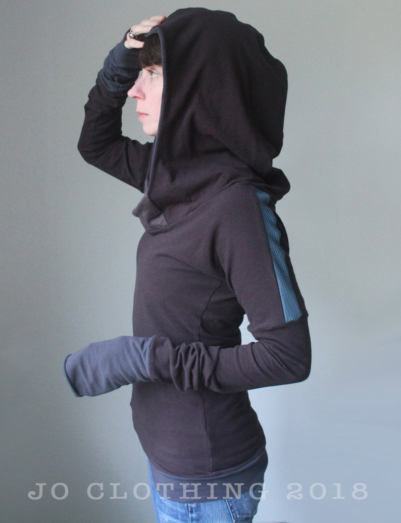 extra long sleeved hooded topDark Brown with Cement GreySmokey Teal Blue