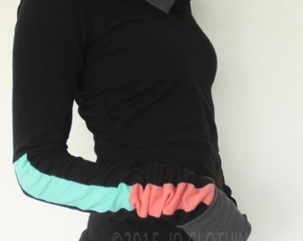 Hooded top/extra long sleeves/Black with Mint/Coral Pink/Cement Grey color block/womens top