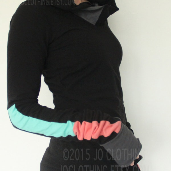 Hooded top/extra long sleeves/Black with Mint/Coral Pink/Cement Grey color block/womens top