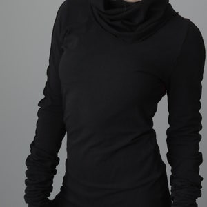 Turtleneck cowl tunic dress with extra long sleeves/Black with Burgundy image 5