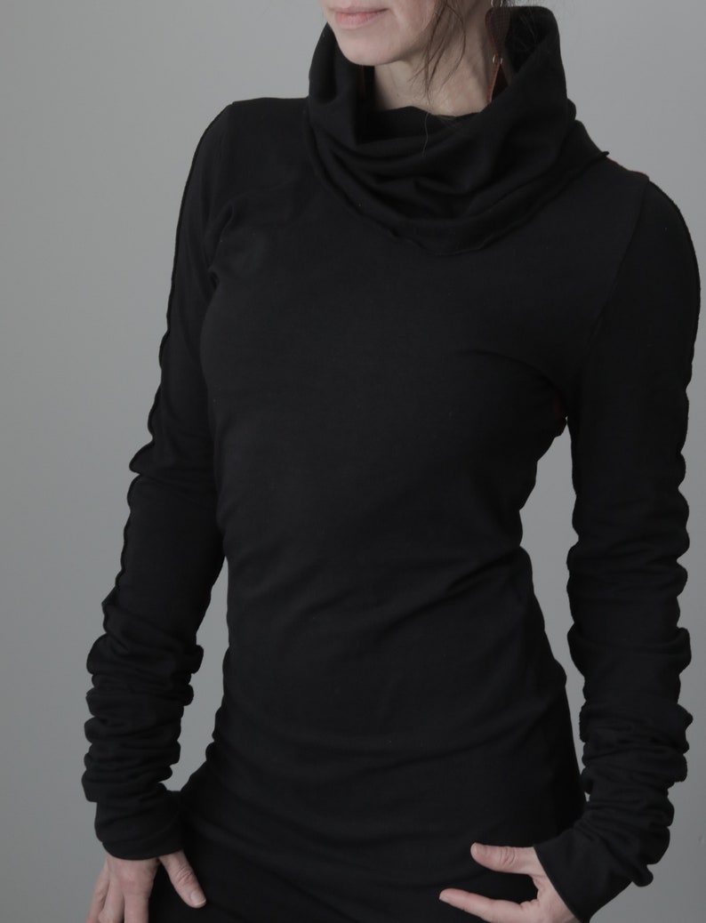 Turtleneck cowl tunic dress with extra long sleeves/Black with Burgundy image 5