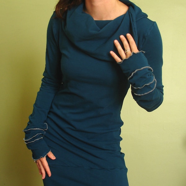 cowl tunic dress/extra long sleeves/ Teal