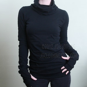 turtleneck cowl top with thumb hole sleeves in Black image 4