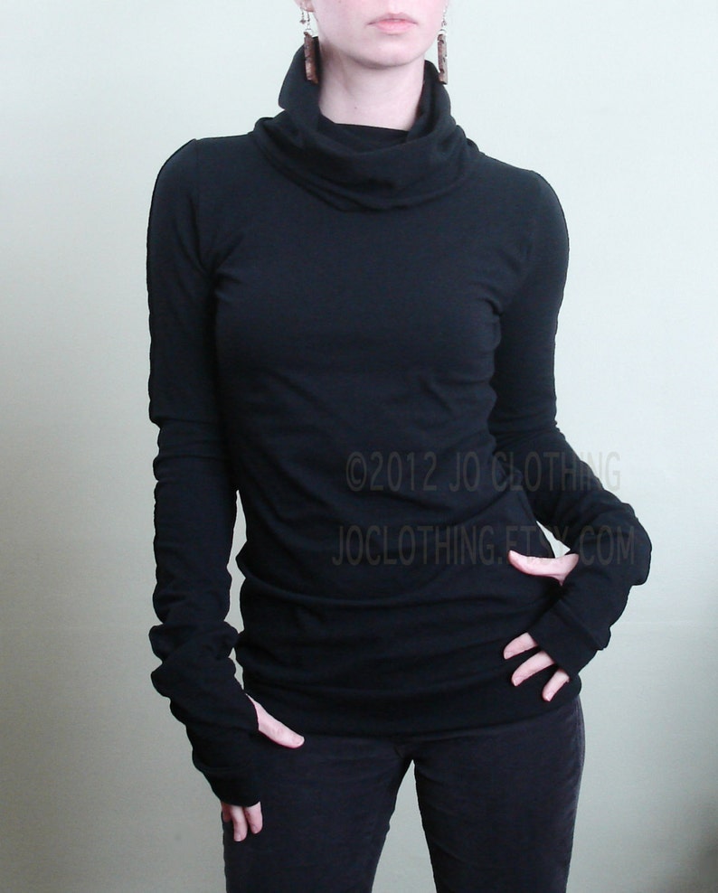 turtleneck cowl top with thumb hole sleeves in Black image 4