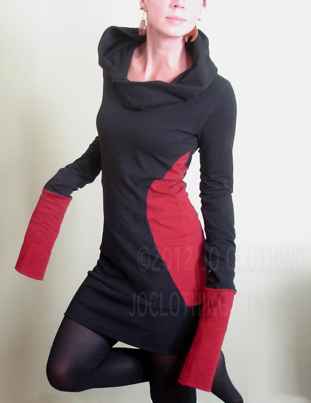 Extra Long Sleeved Hooded Tunic Dress Black/red Color Block - Etsy