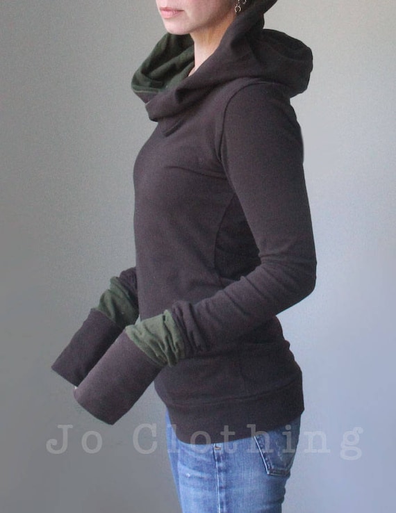 extra long sleeved hooded topDark Brown with Cement GreySmokey Teal Blue