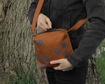 canvas crossbody bag/rust orange/blue hand printed Starflowers