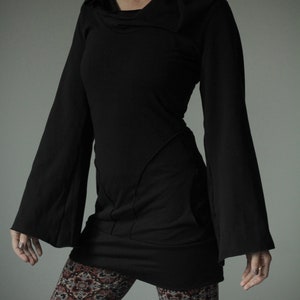 bell sleeved hooded tunic dress with pockets/Black/Made to Order