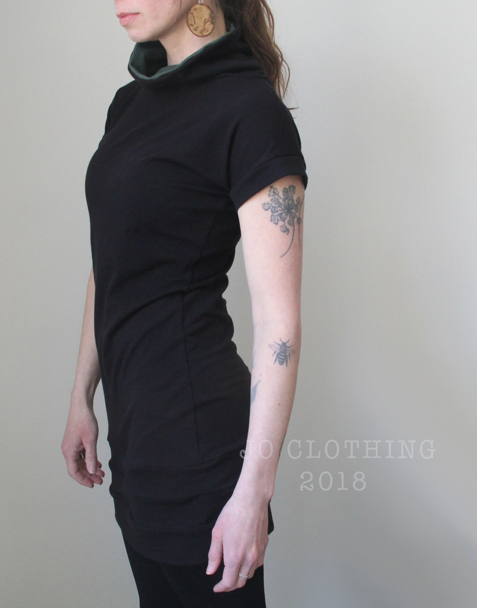 Funnel Neck Tunic Dress/short Sleeved/black With Forest Green - Etsy