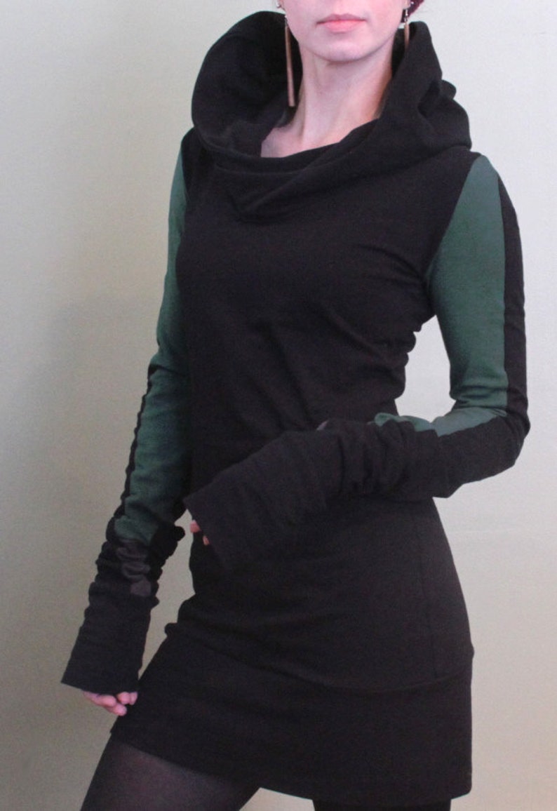 Extra Long Sleeved Hooded Tunic Dress/colorblock Sleeves/black - Etsy