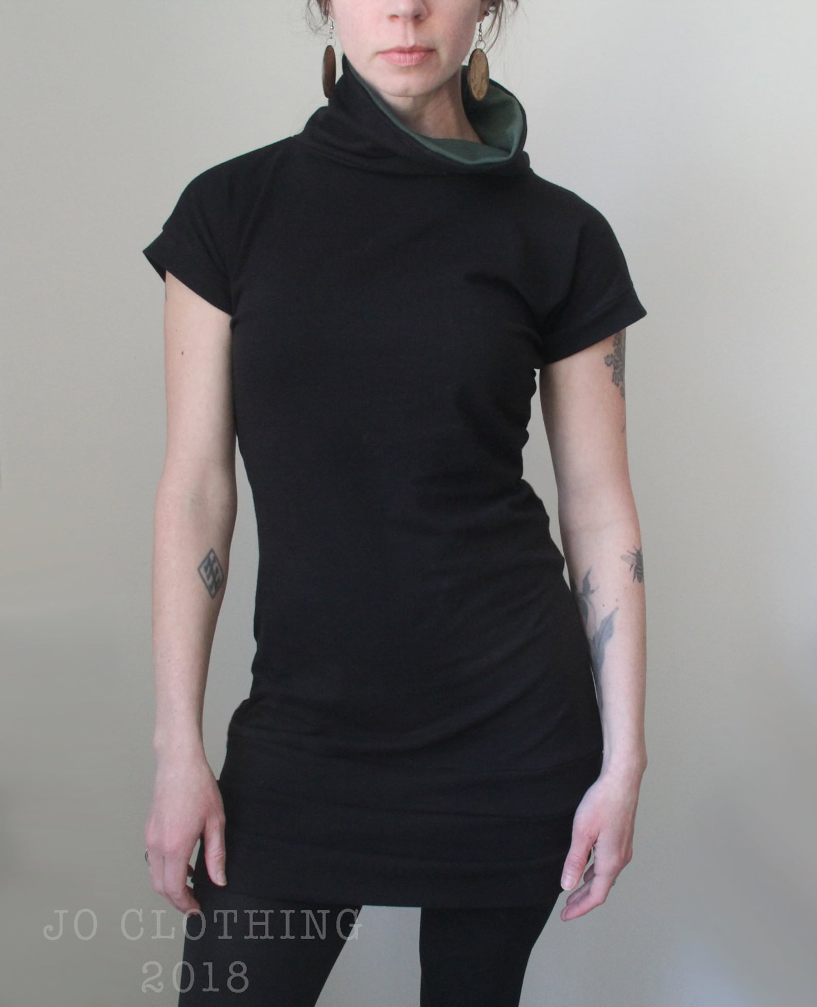 Funnel Neck Tunic Dress/short Sleeved/black With Forest Green - Etsy