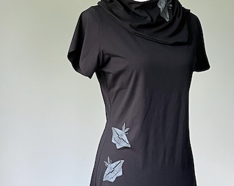 storlek Large/handtryckt kortärmad tunika/bambu bomullsjersey med maltryck