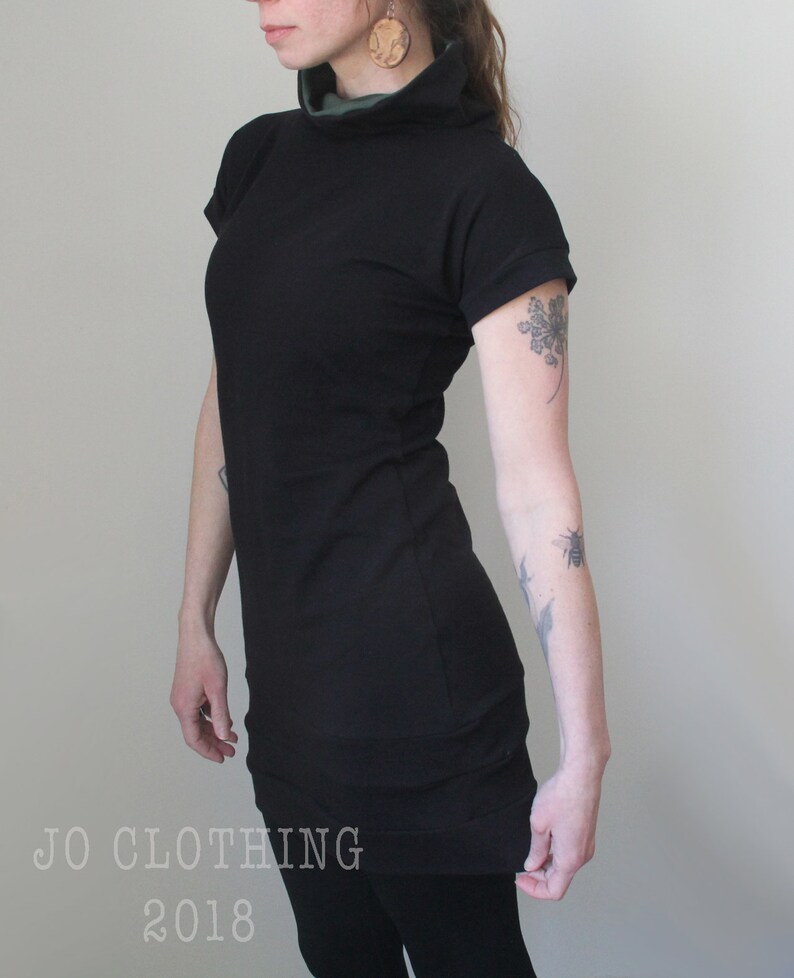 Funnel Neck Tunic Dress/short Sleeved/black With Forest Green - Etsy