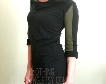 half sleeved hooded tunic dress Black/Dark Olive Green