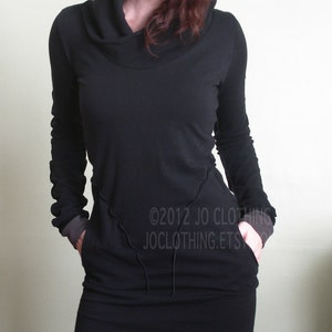 Hooded Tunic Dress With Pockets Black/cement Cuffs - Etsy