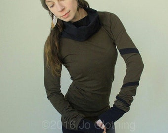 cowl tunic dress with extra long sleeves/Dark Olive with Black/Spiraling striped sleeve