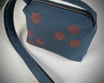 canvas crossbody bag/slate blue/hand printed Starflowers