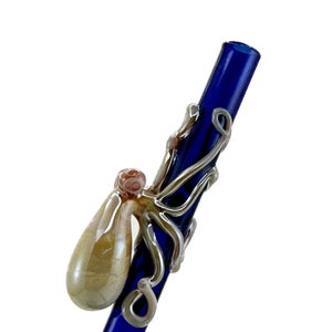 Octopus Glass Straw. Caramel Octopus on a Cobalt Blue 9 Straw. BPA Free. Your Choice of Color. Custom Straw. Made to Order. image 1