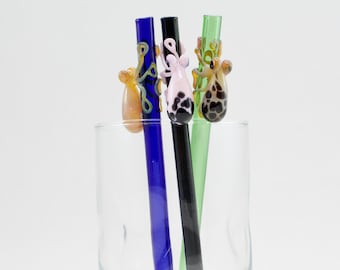 Octopus Glass Straw for Cocktails, Martini, Rocks, Wine, Coffee glasses. Short Reusable Hand Blown .You Choose the Color. Made to Order.