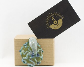 Octopus Glass Pendant in Emerald Green & Silver Amethyst, #983