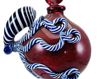 Octopus Ornament. Hand Blown Ruby Red Frit Glass with Flamework Cobalt Blue Candy Cane swirl Octopi, Christmas Holiday. Custom Made to order