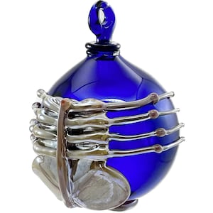 Facehugger Glass Ornament. Hand Blown Cobalt Blue Globe with Flamework Caramel Xenomorph from the Aliens Movie . Made to Order