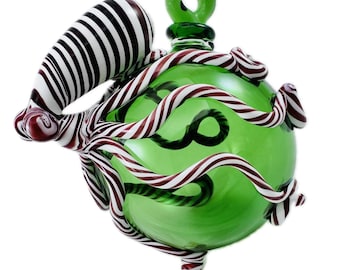 Hand Blown Glass Octopus Ornament, Emerald Green (Holiday Decor)