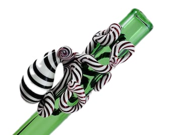 Octopus Boba or Smoothie Glass Short Straw. Candy Cane Octopi on an Emerald Green 5 1/2” hand blown short 12mm wide Straw . Made to Order.