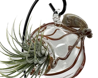 Octopus Glass Terrarium. Hand Blown Pyrex Clear Hanging Globe with Flamework Caramel Octopi. Great for Air Plants. Made to Order