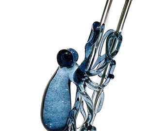 Octopus Glass Straw. Blue Stardust Octopus on a Clear 9" Straw. BPA Free. Your Choice of Color. Custom Straw. Made to Order.