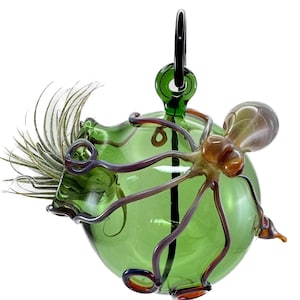 Octopus Glass Terrarium. Hand Blown Emerald Green Hanging Globe with Flamework Triple Passion Octopi. Great for Air Plants. Made to Order
