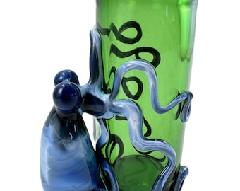 Octopus Shot Glass. Hand Blown Emerald Green 1 oz jar with Flamework Fade to Black Octopi animal. You Choose the Color. Made to Order