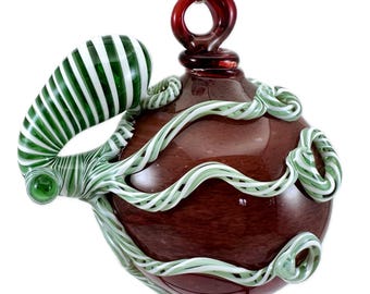 Octopus Ornament. Hand Blown Ruby Red Frit Glass with Flamework Emerald Green Candy Cane Octopi, Christmas Holiday. Custom Made to order